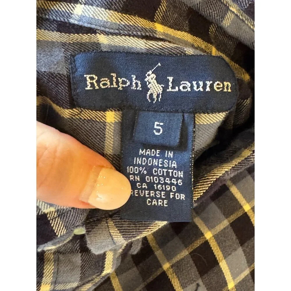 Ralph Lauren Shirt‎ Boys 5 Blue Checked Cotton Button Down Preppy Academia